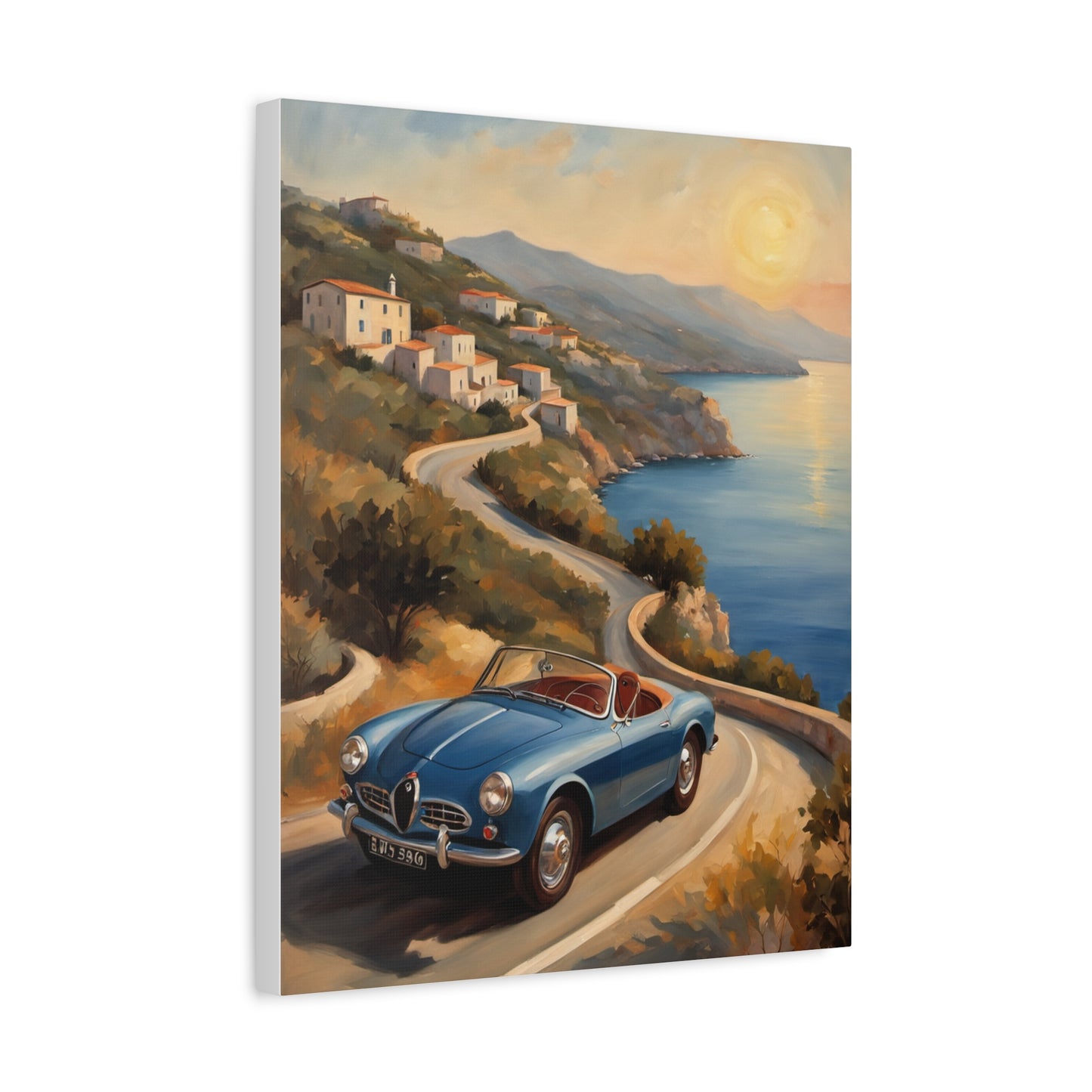 Coastal Sunset Canvas featuring a classic blue car driving along a scenic coastal road at sunset