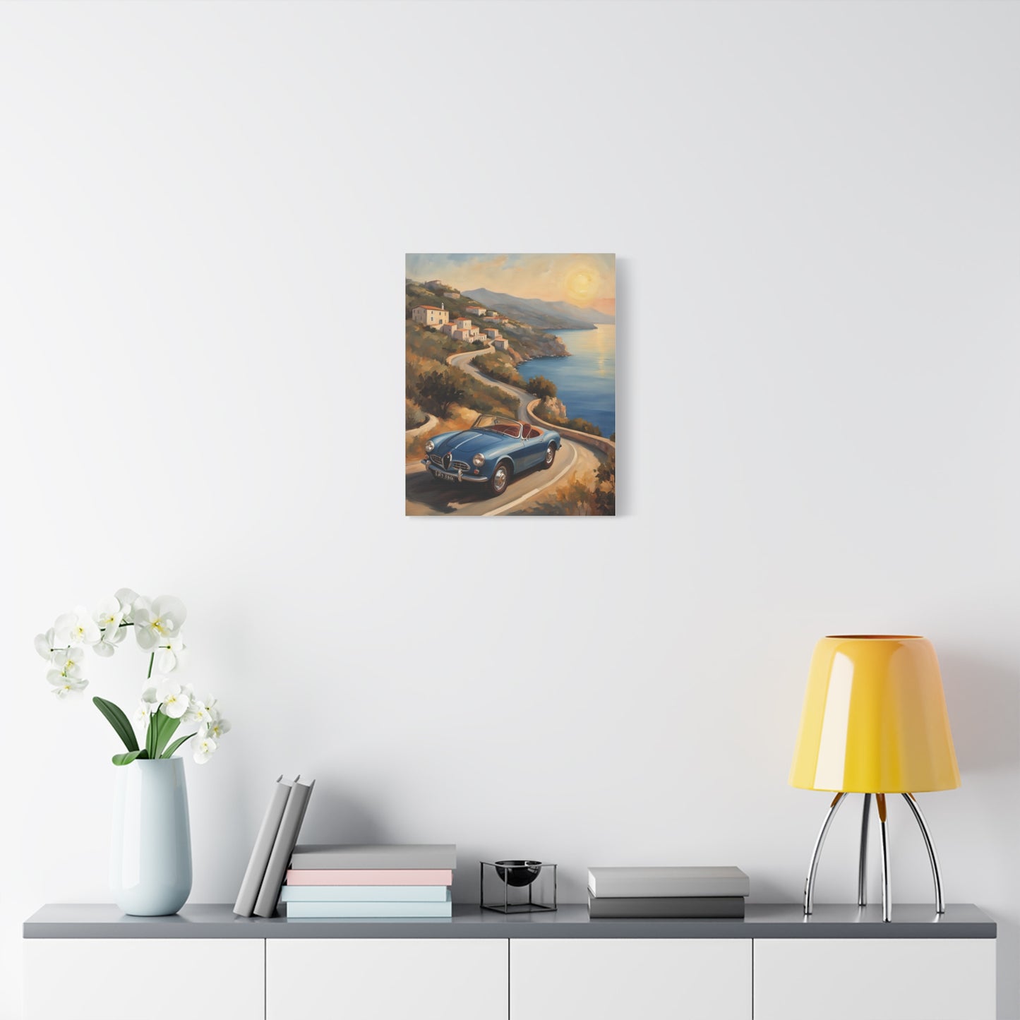 Coastal Sunset Canvas featuring a scenic coastal drive with a vintage car and sunset backdrop