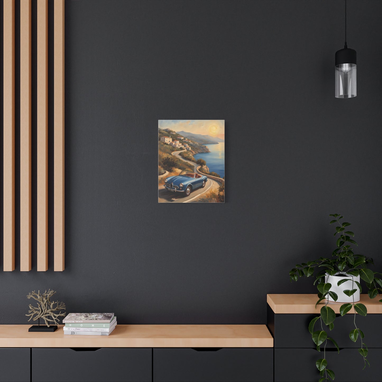 Coastal Sunset Canvas featuring a scenic coastal drive with a vintage car and beautiful sunset colors