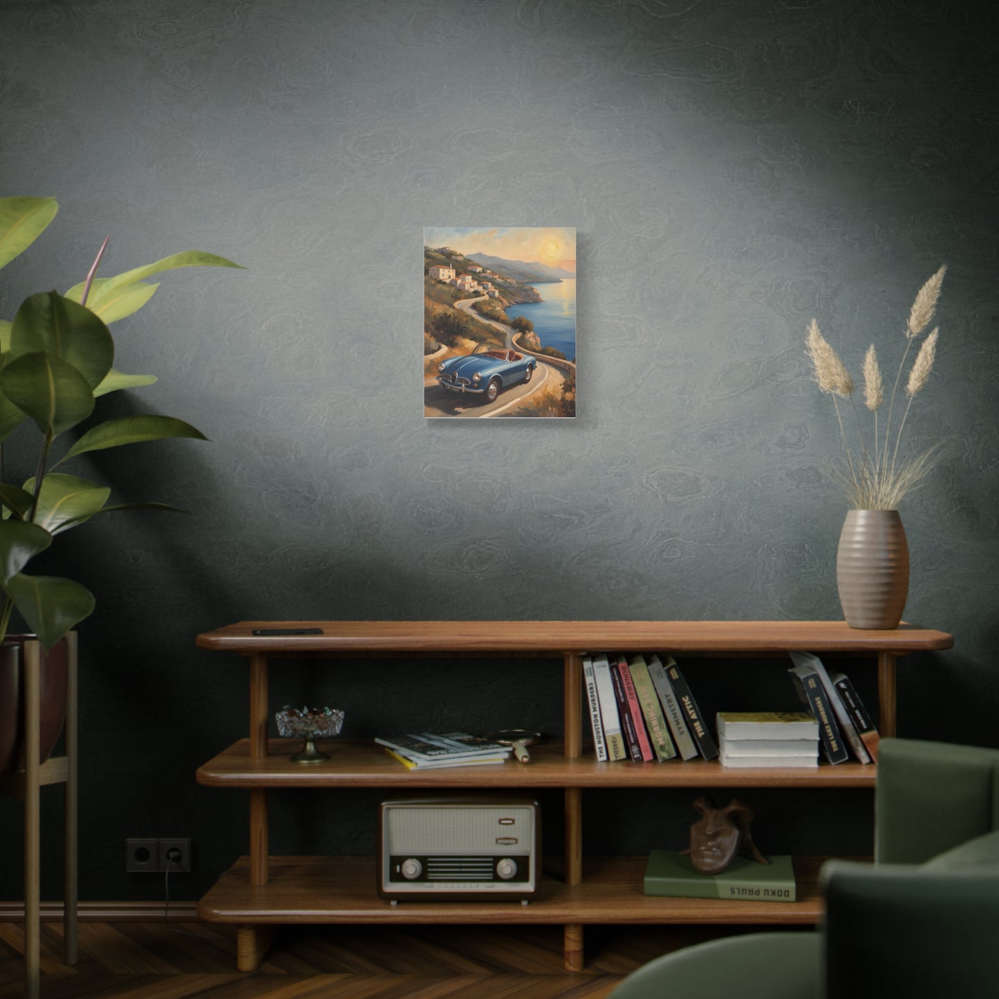 Coastal Sunset Canvas artwork featuring a serene seaside view on a stylish living room wall
