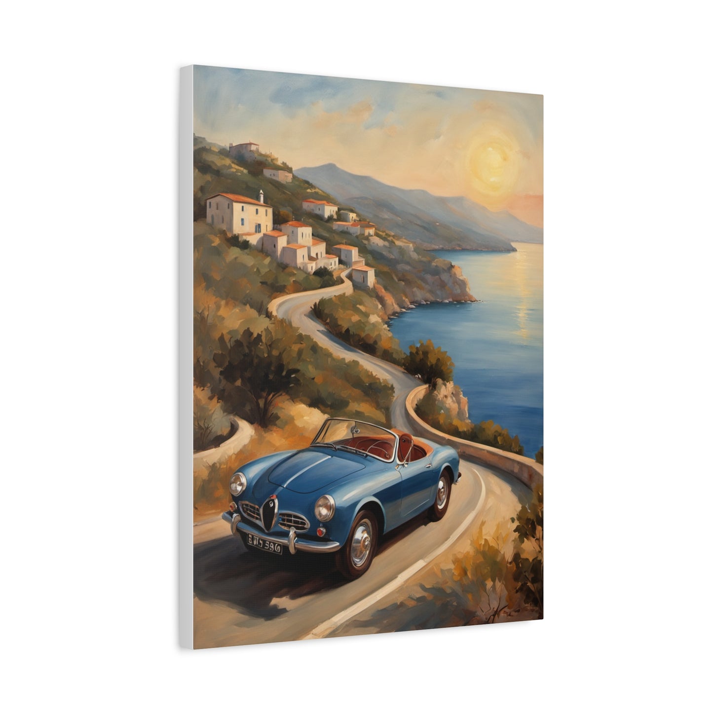 Coastal Sunset Canvas featuring a blue vintage car on a scenic coastal road at sunset