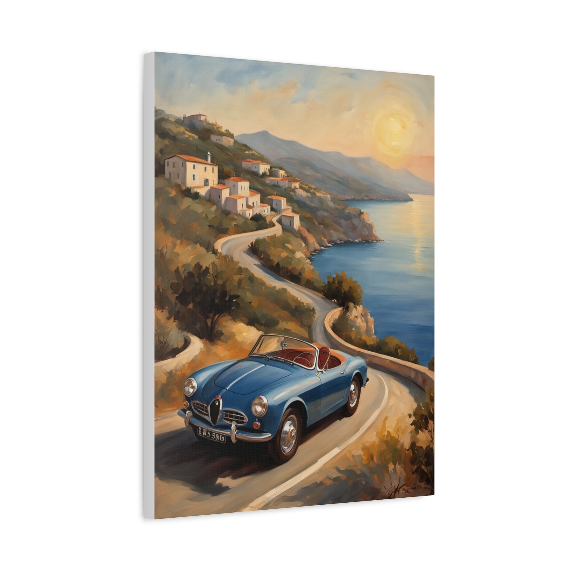 Coastal Sunset Canvas featuring a blue vintage car on a scenic coastal road at sunset