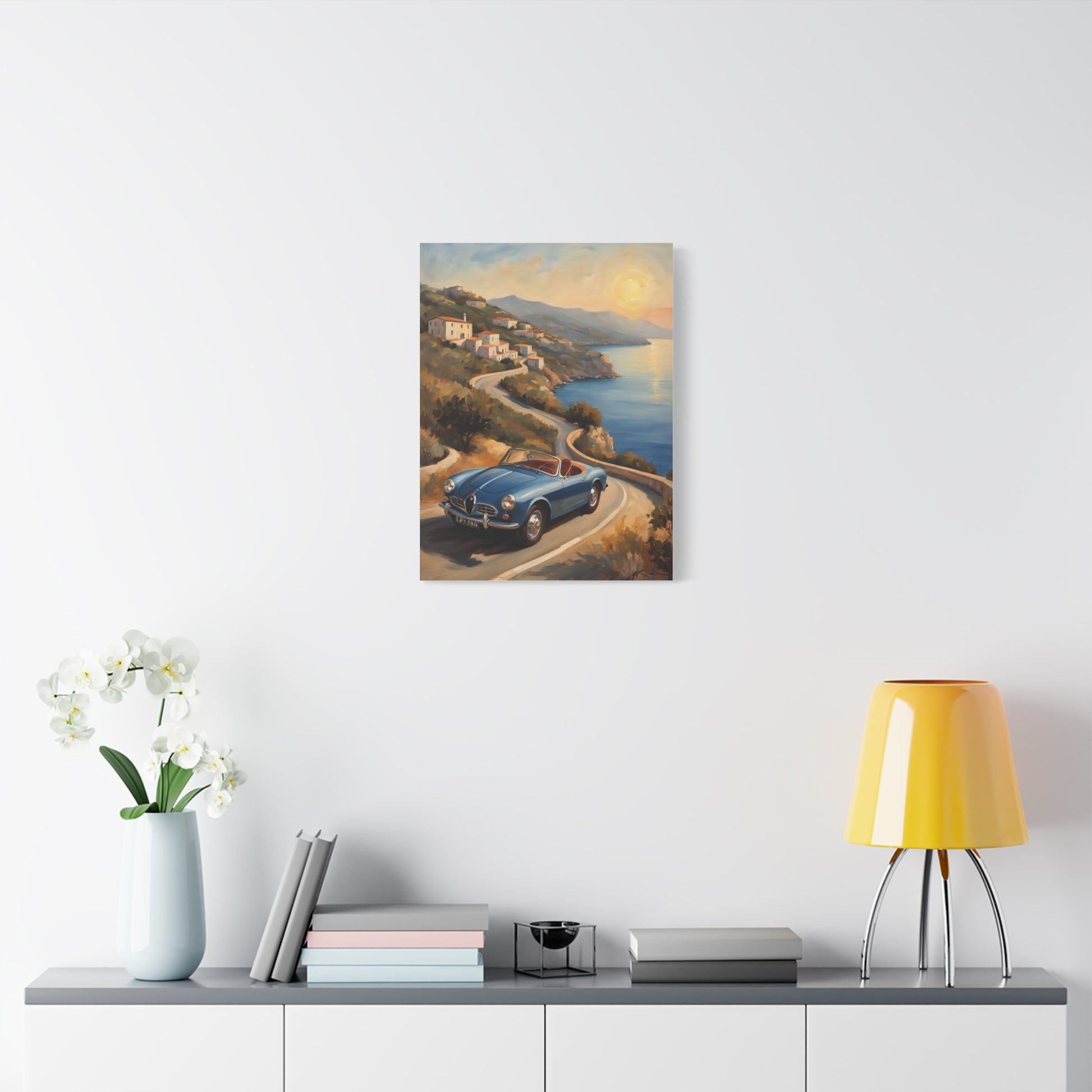 Coastal Sunset Canvas featuring a scenic drive along a coastal road with a vintage car