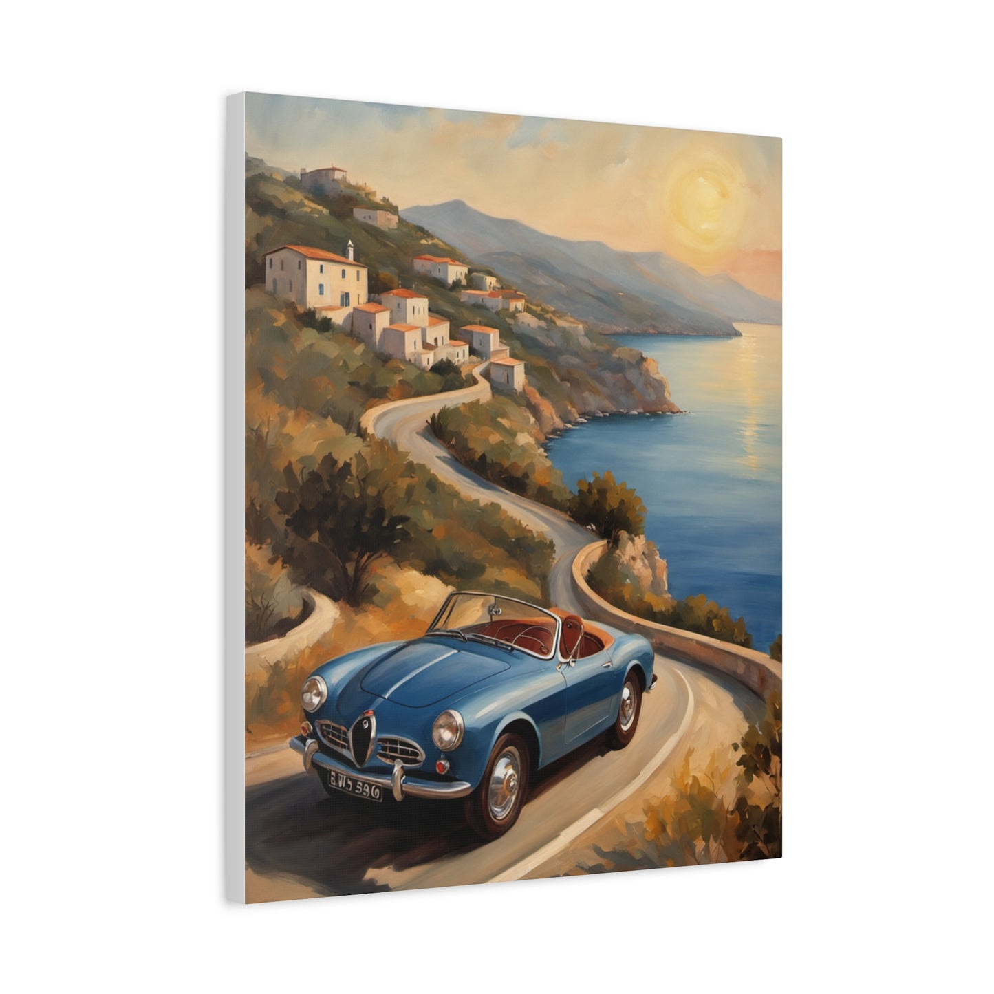 Coastal Sunset Canvas featuring a vintage blue car driving along a scenic coastal road at sunset