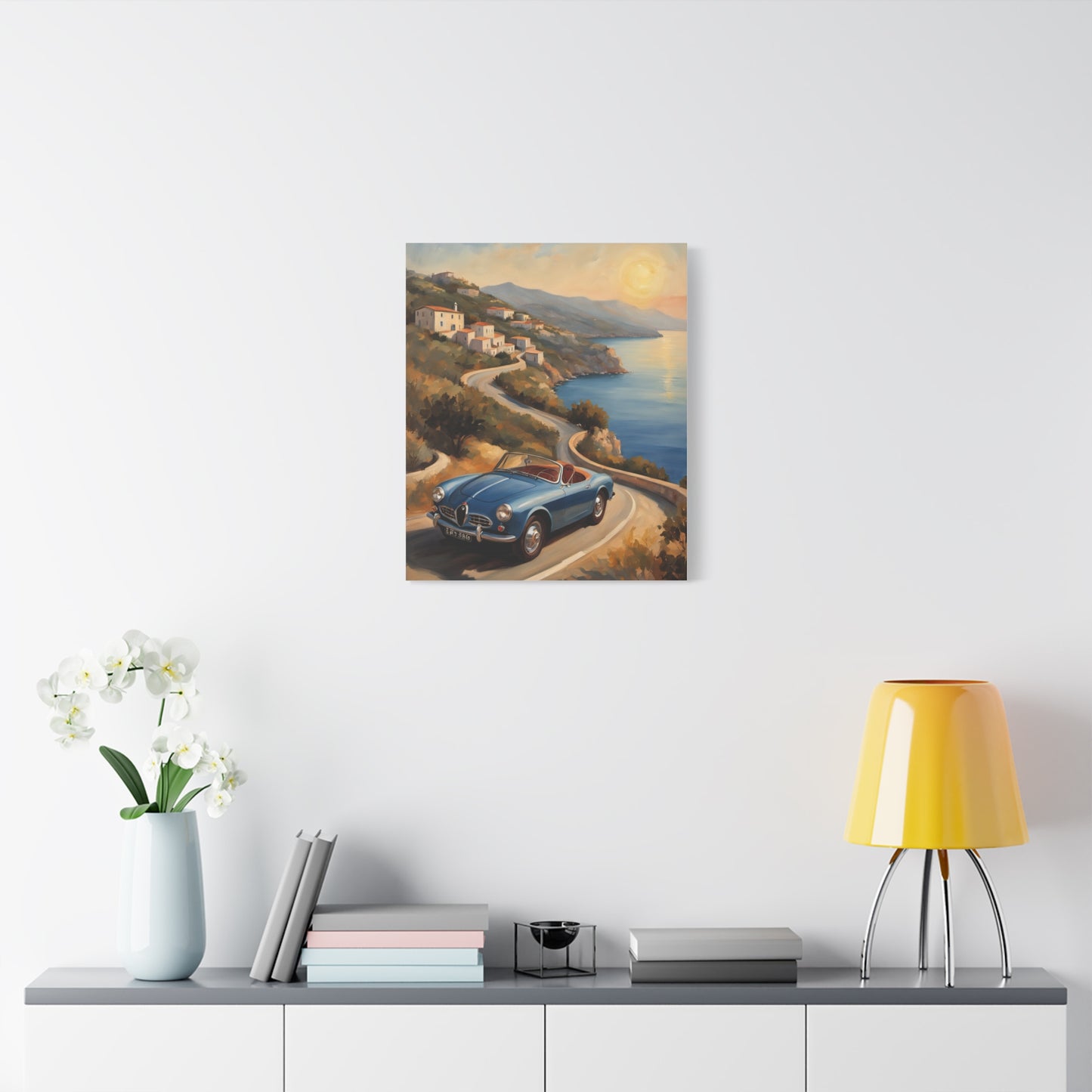 Coastal Sunset Canvas featuring a scenic coastal road with a vintage car and sunset atmosphere