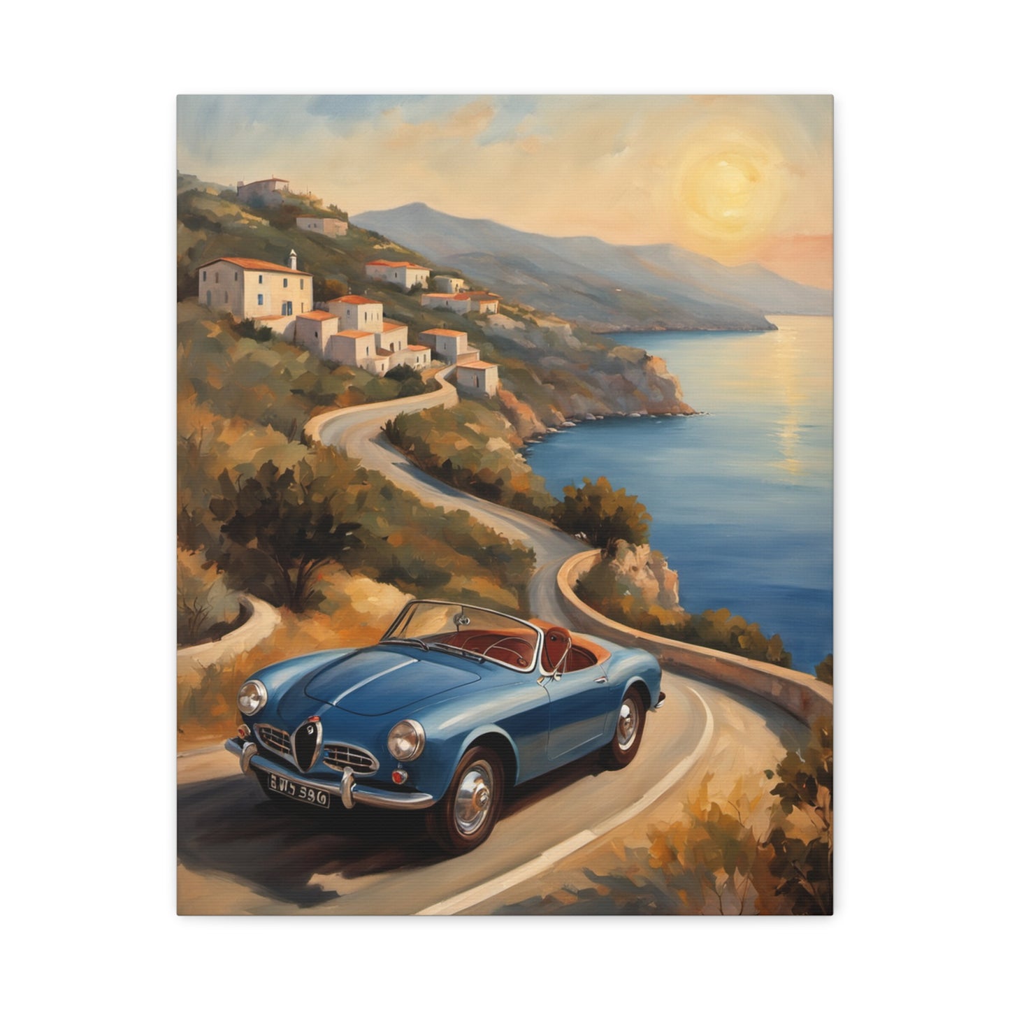 Coastal Sunset Canvas featuring a blue nostalgic car driving along a scenic coastal road