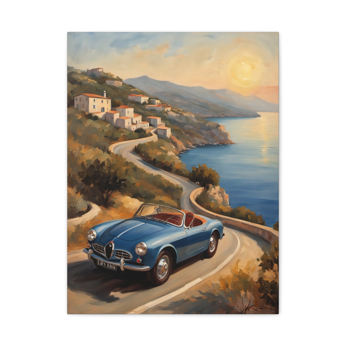 Coastal Sunset Canvas featuring a vintage blue car driving along a coastal road with sunset view