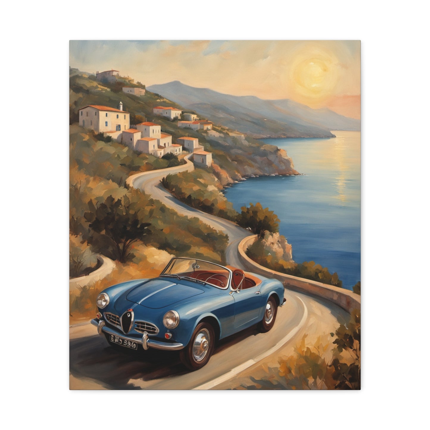 Vintage Alfa Romeo convertible on a scenic coastal road during sunset in the Coastal Sunset Canvas
