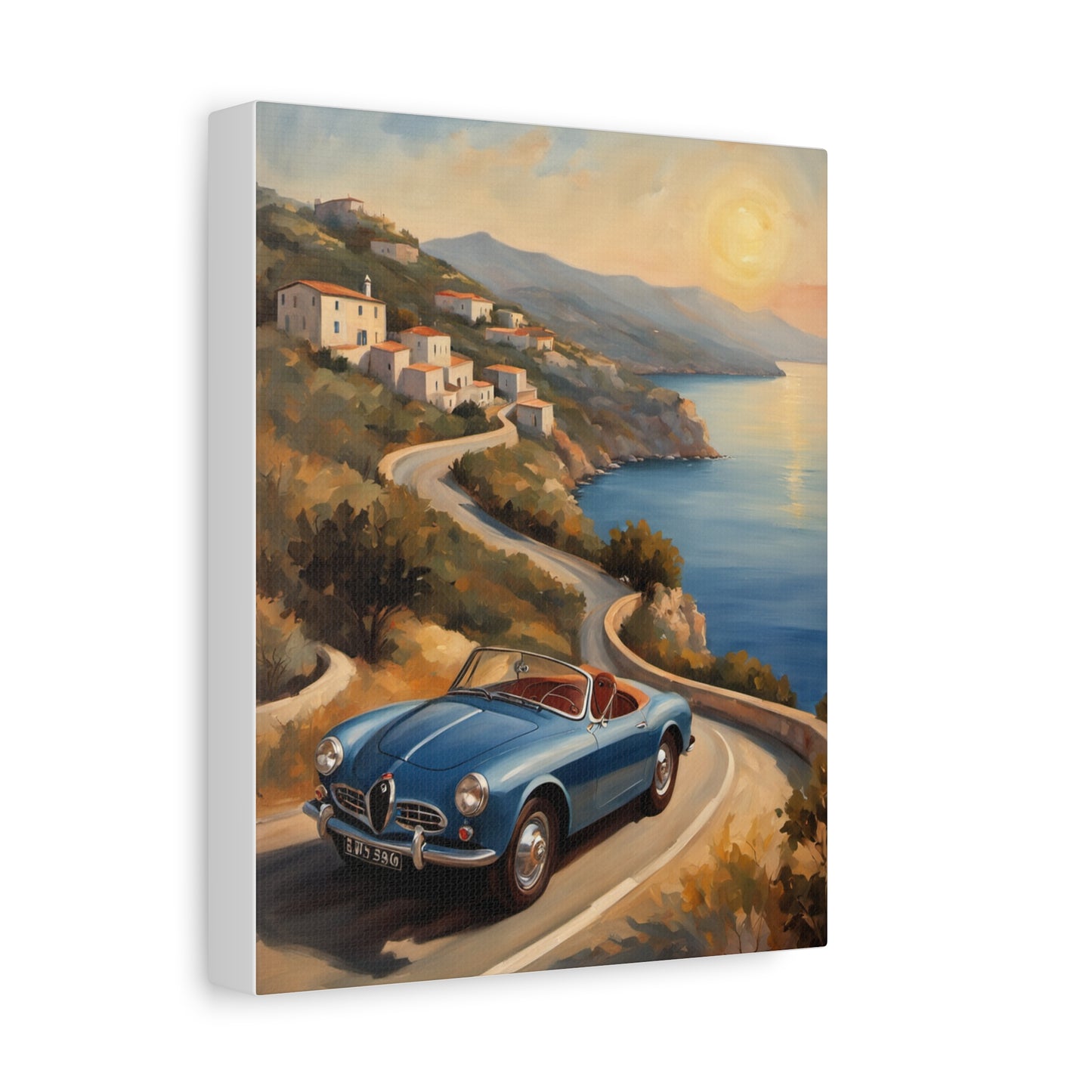Coastal Sunset Canvas featuring a blue vintage car driving along a scenic coastal road
