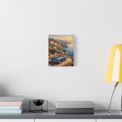 Coastal Sunset Canvas featuring a scenic coastal drive with a blue car and beautiful sunset hues