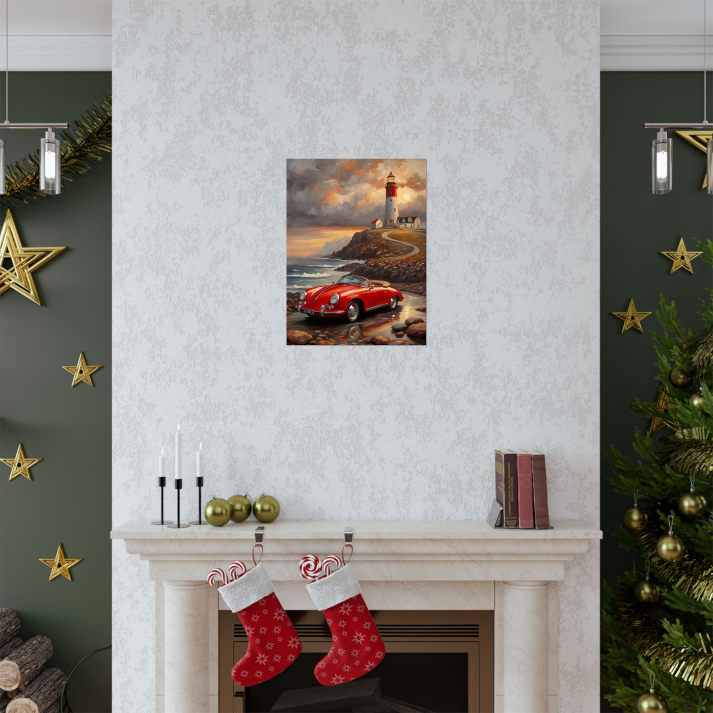 Coastal wall art for car lovers featuring a vintage car near a lighthouse on a stormy day