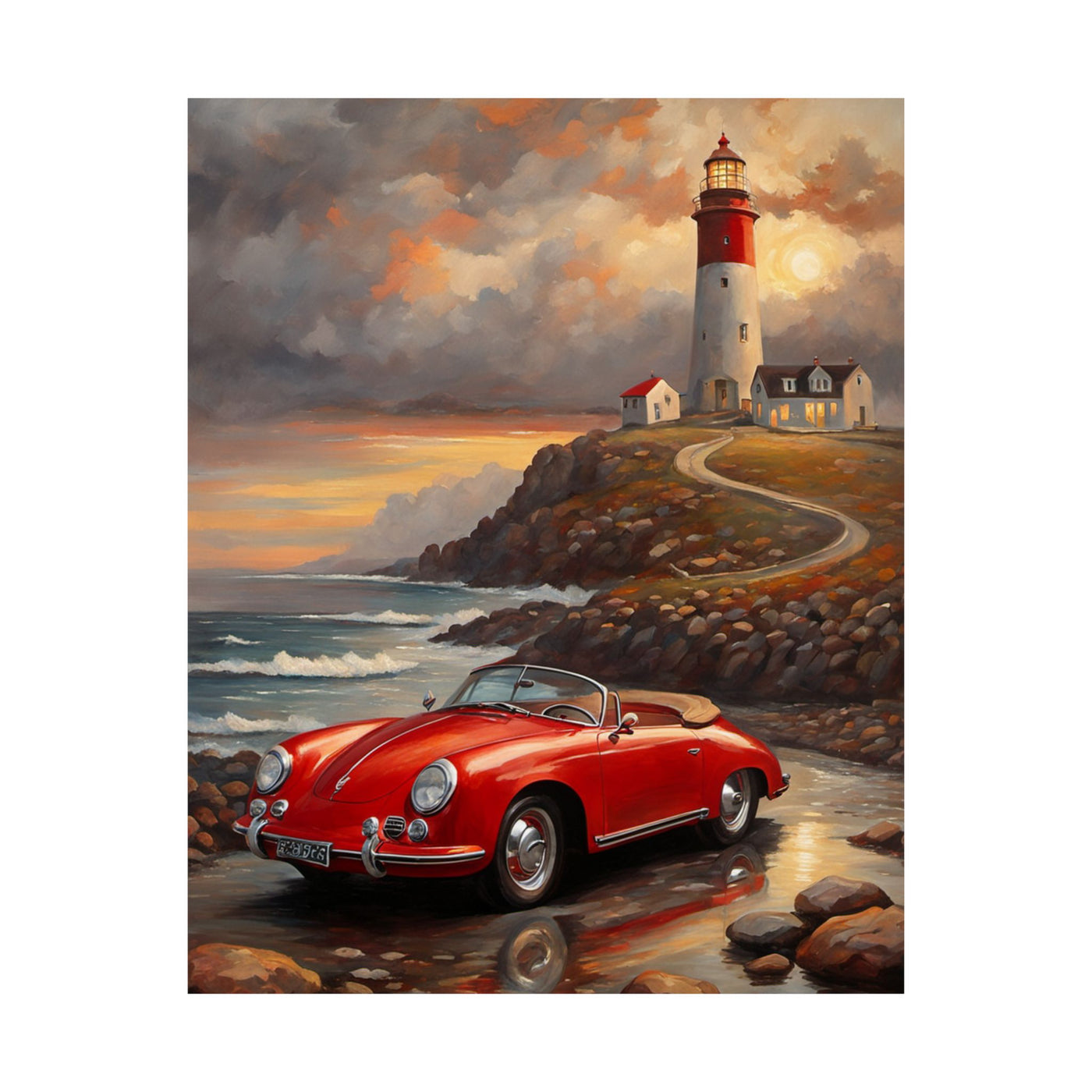 Beautiful coastal wall art for car lovers featuring a red convertible by a lighthouse at sunset