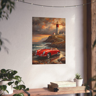 Coastal wall art for car lovers featuring a red retro car near a lighthouse by the ocean