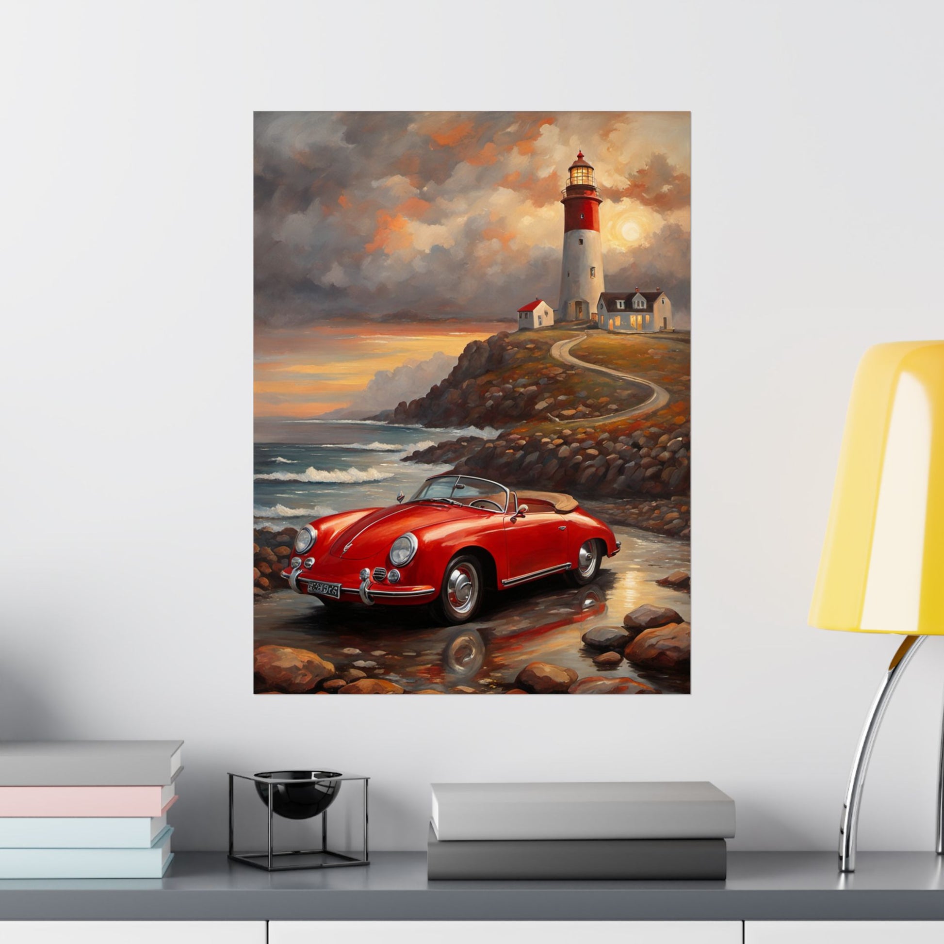Coastal wall art for car lovers featuring a red vintage convertible near a lighthouse by the sea