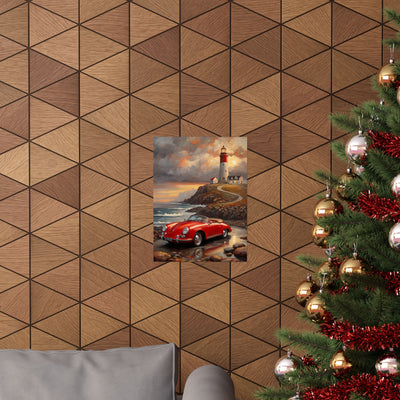 Coastal wall art for car lovers featuring a classic red car near a lighthouse on a scenic beach