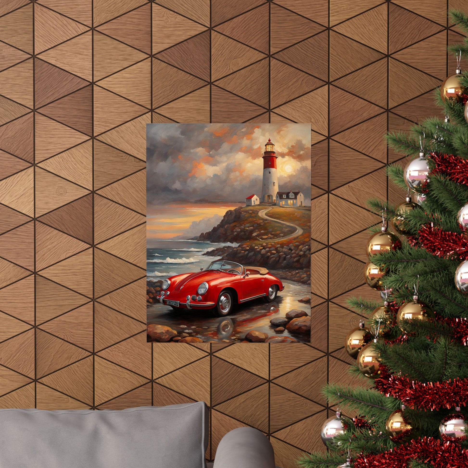 Coastal wall art for car lovers featuring a red old car near a lighthouse by the ocean