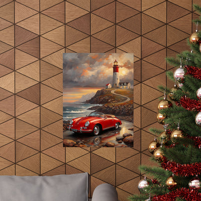 Coastal wall art for car lovers featuring a red old car near a lighthouse by the ocean