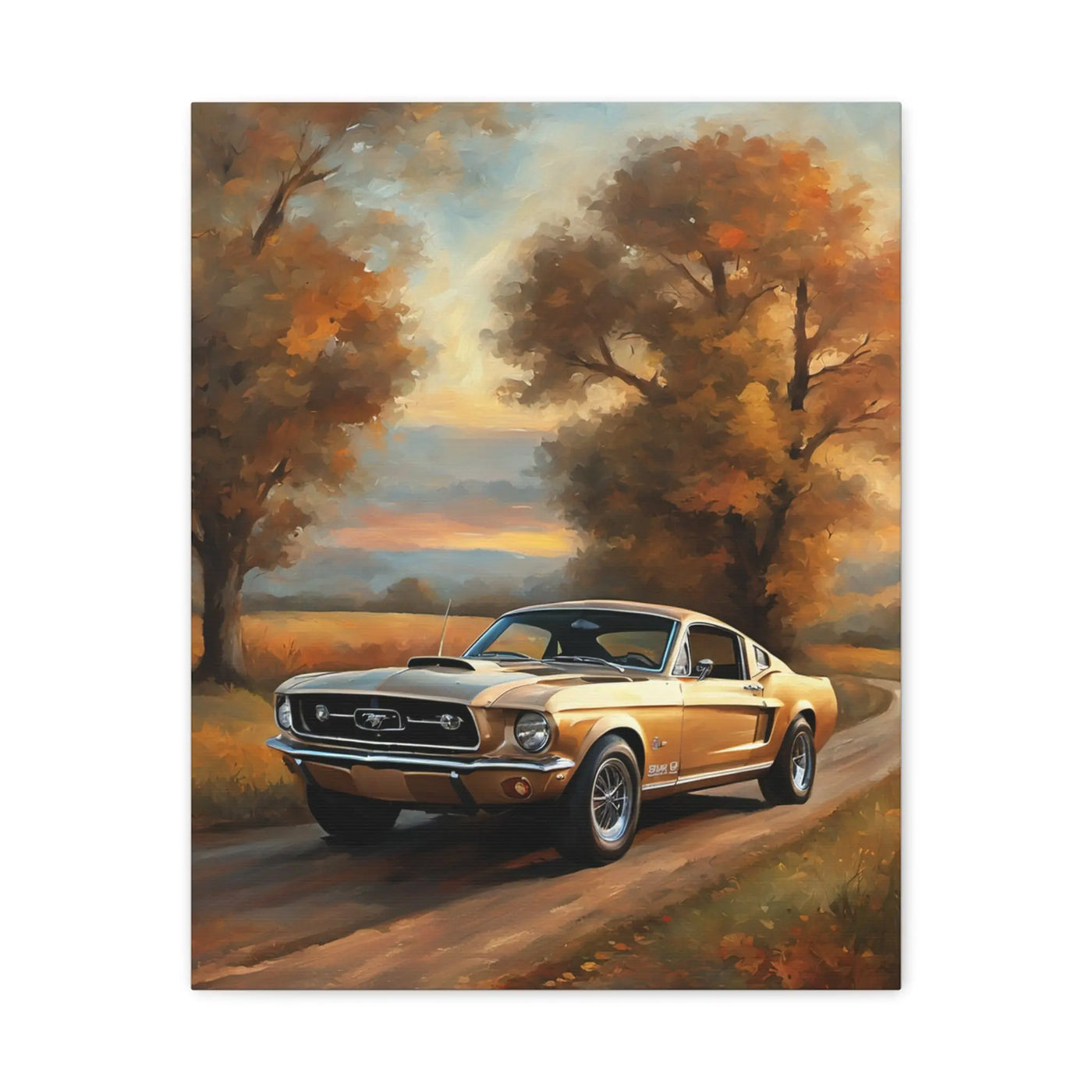 Stunning countryside car artwork featuring a vintage gold Mustang on a scenic road