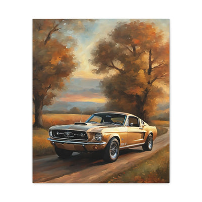Vintage countryside car artwork featuring a classic Mustang on a winding road amidst autumn trees