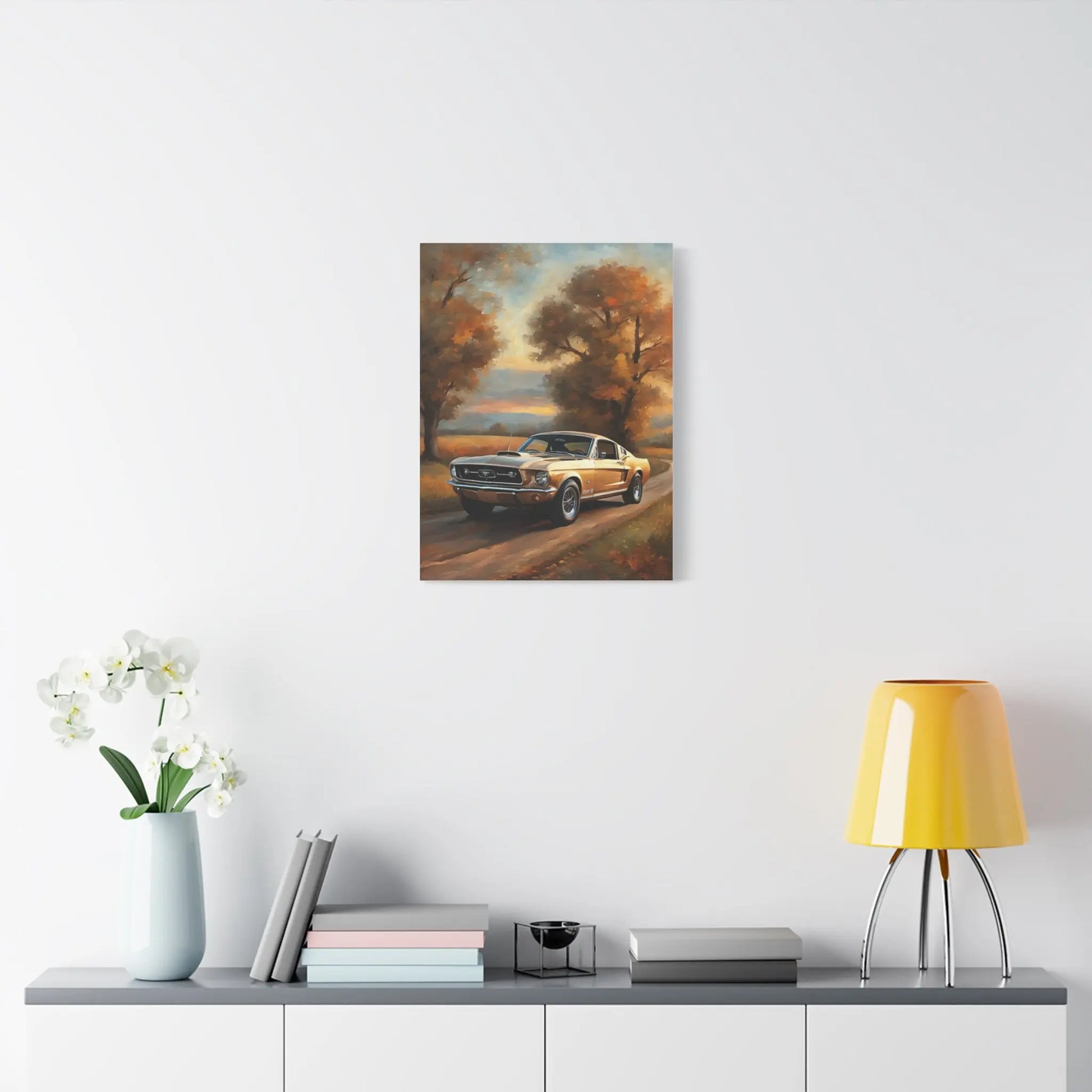 Countryside car artwork featuring a classic car on a scenic road surrounded by trees