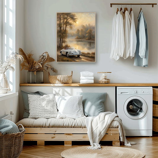 Vintage lakeside artwork by AquilVision hanging in a cozy modern laundry room with bench and washing machine