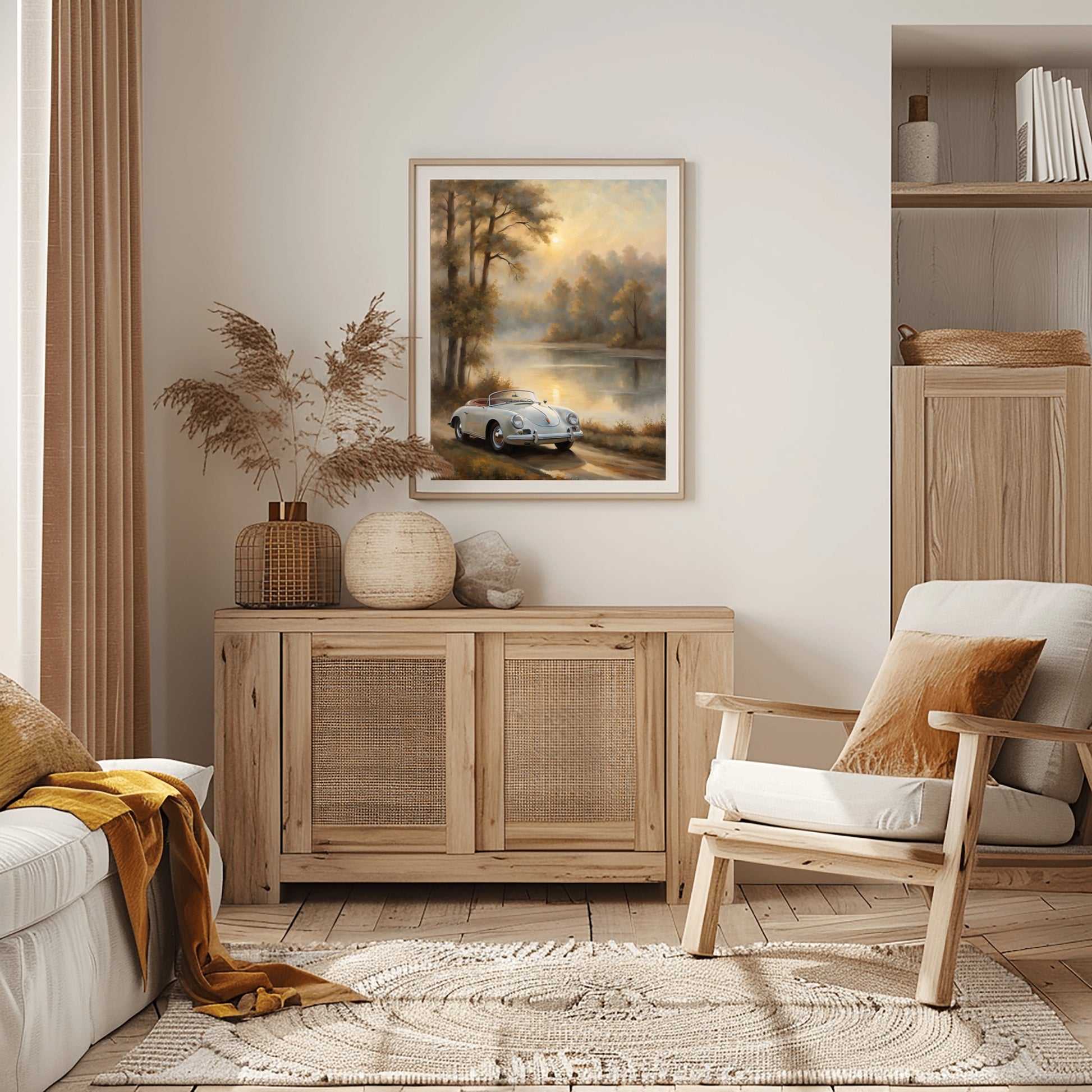 Vintage lakeside artwork framed on wall above wooden cabinet in cozy modern living room