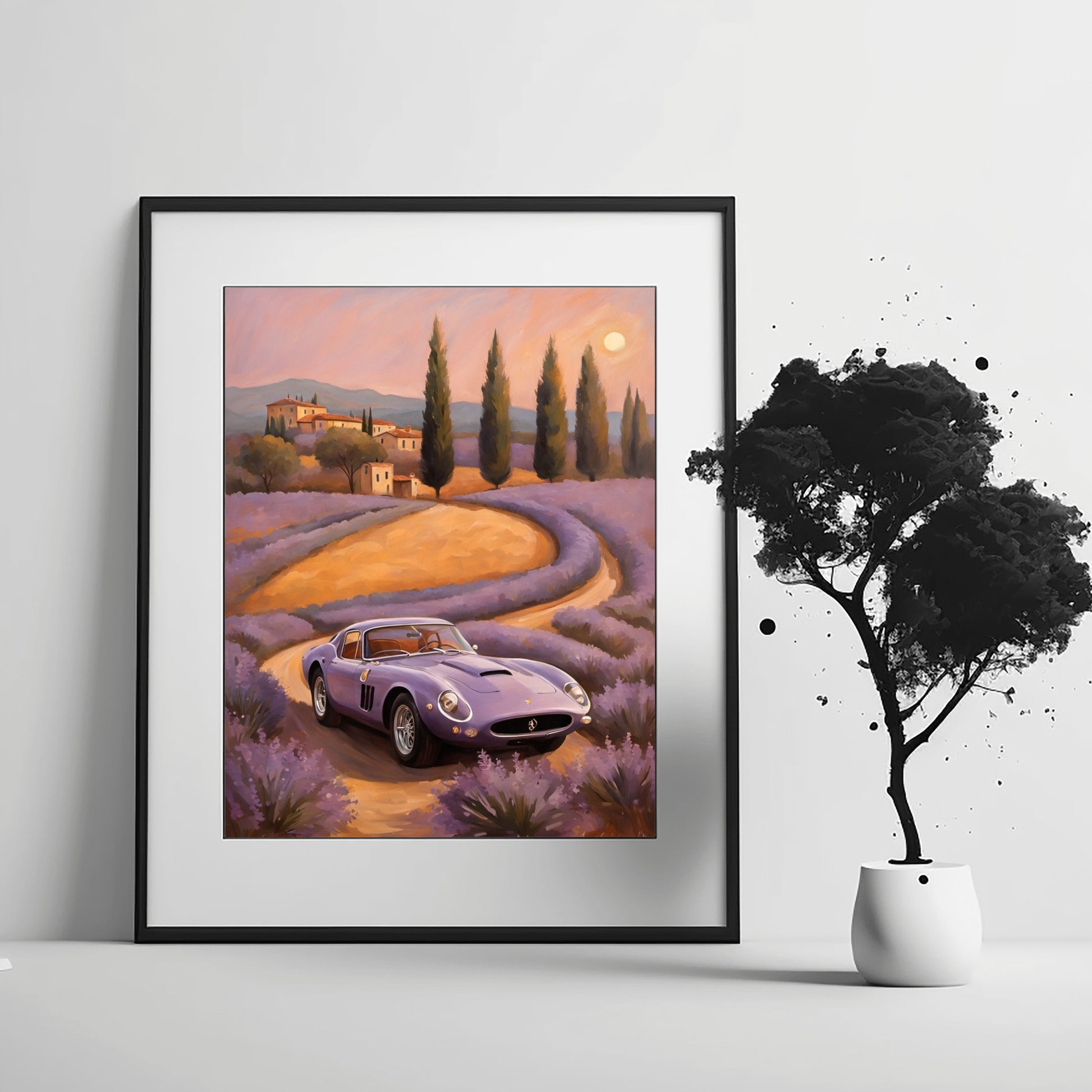 AquilVision dreamy landscape canvas print featuring a vintage car on a lavender field road at sunset