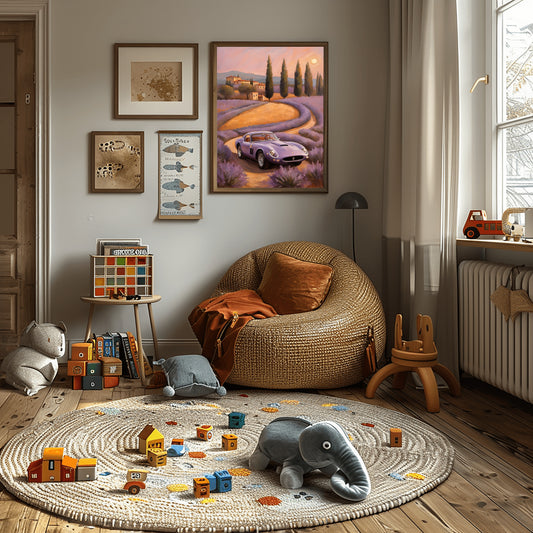 Dreamy landscape canvas print by AquilVision hanging above a cozy woven chair in a children's playroom