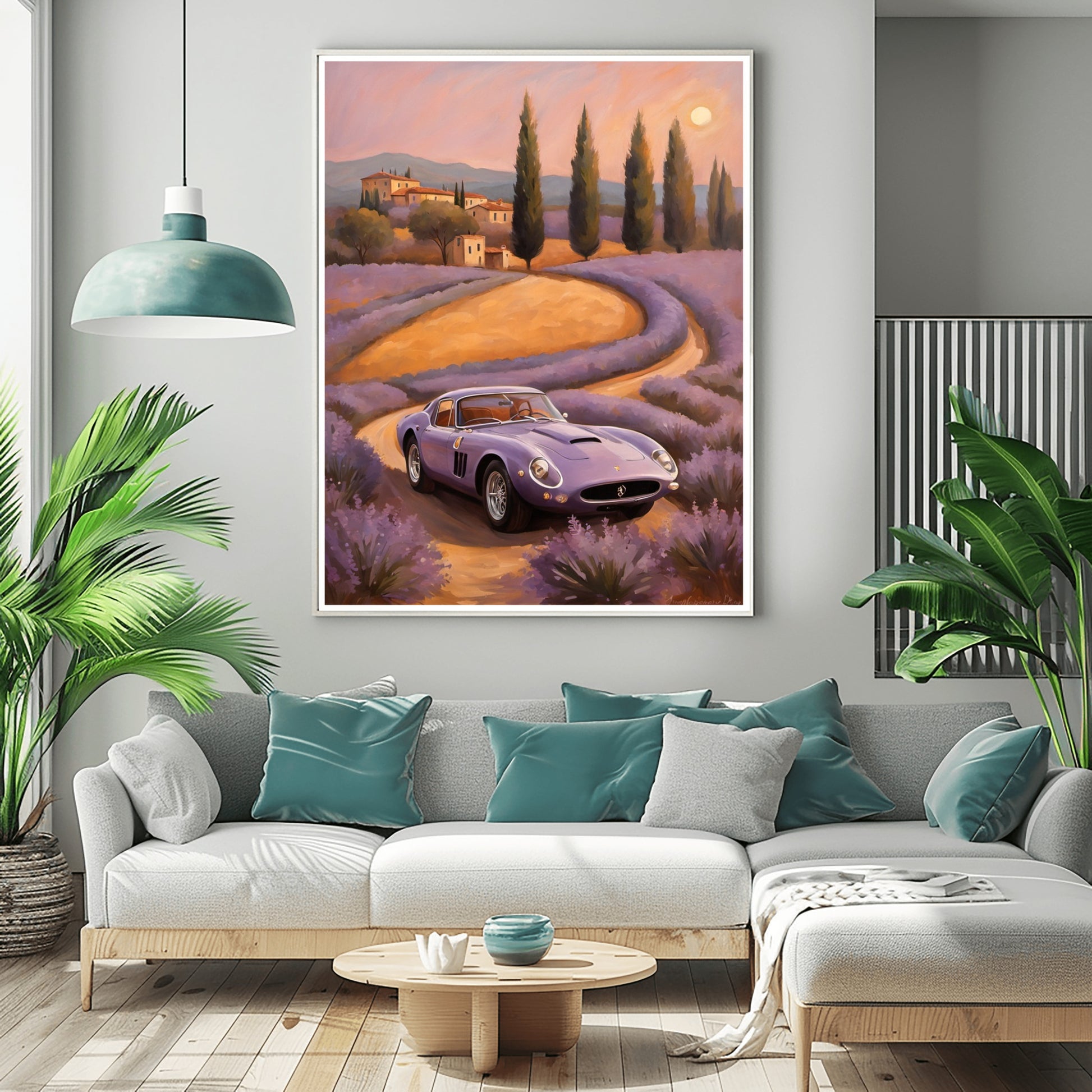 AquilVision dreamy landscape canvas print featuring a lavender field and vintage car above modern living room sofa