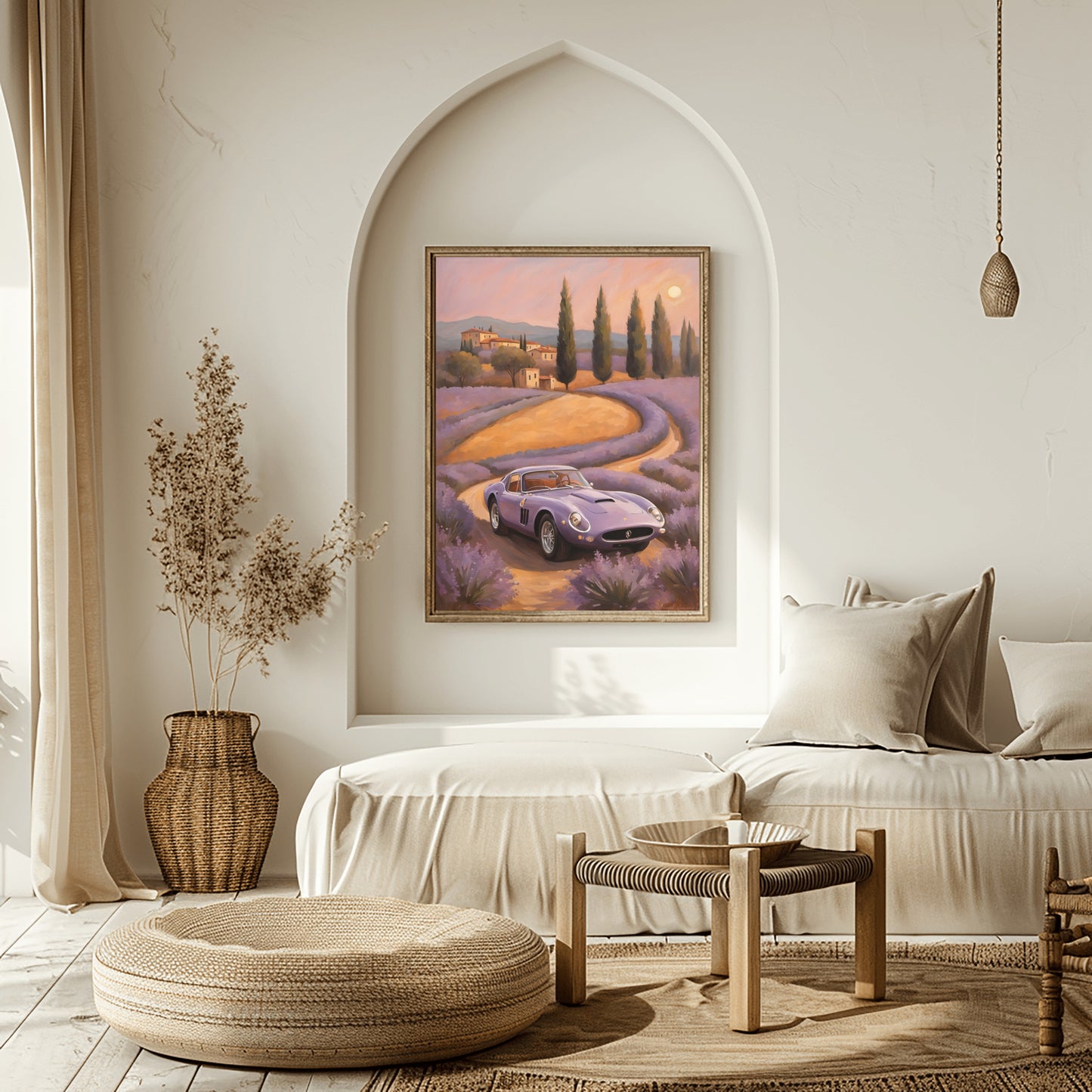 Dreamy landscape canvas print by AquilVision hanging in a minimalist living room with neutral decor