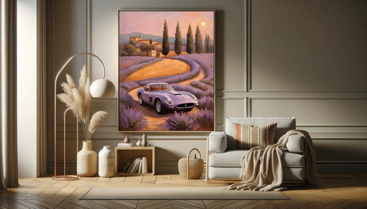 Dreamy landscape canvas print featuring a vintage car on a winding road amid lavender fields in a cozy living room