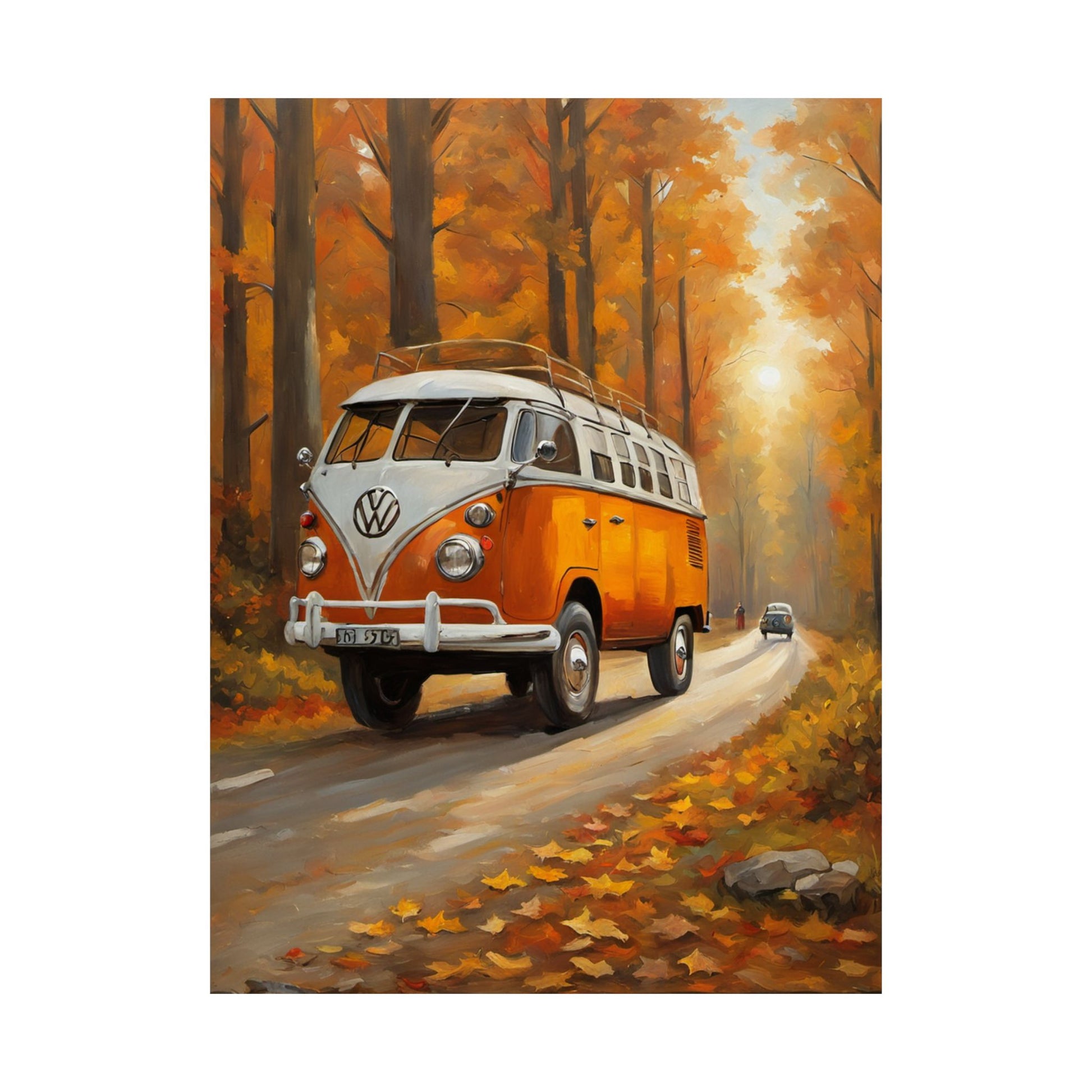 Fall Adventure Matte Vertical Posters featuring a vintage orange Volkswagen van driving through autumn trees