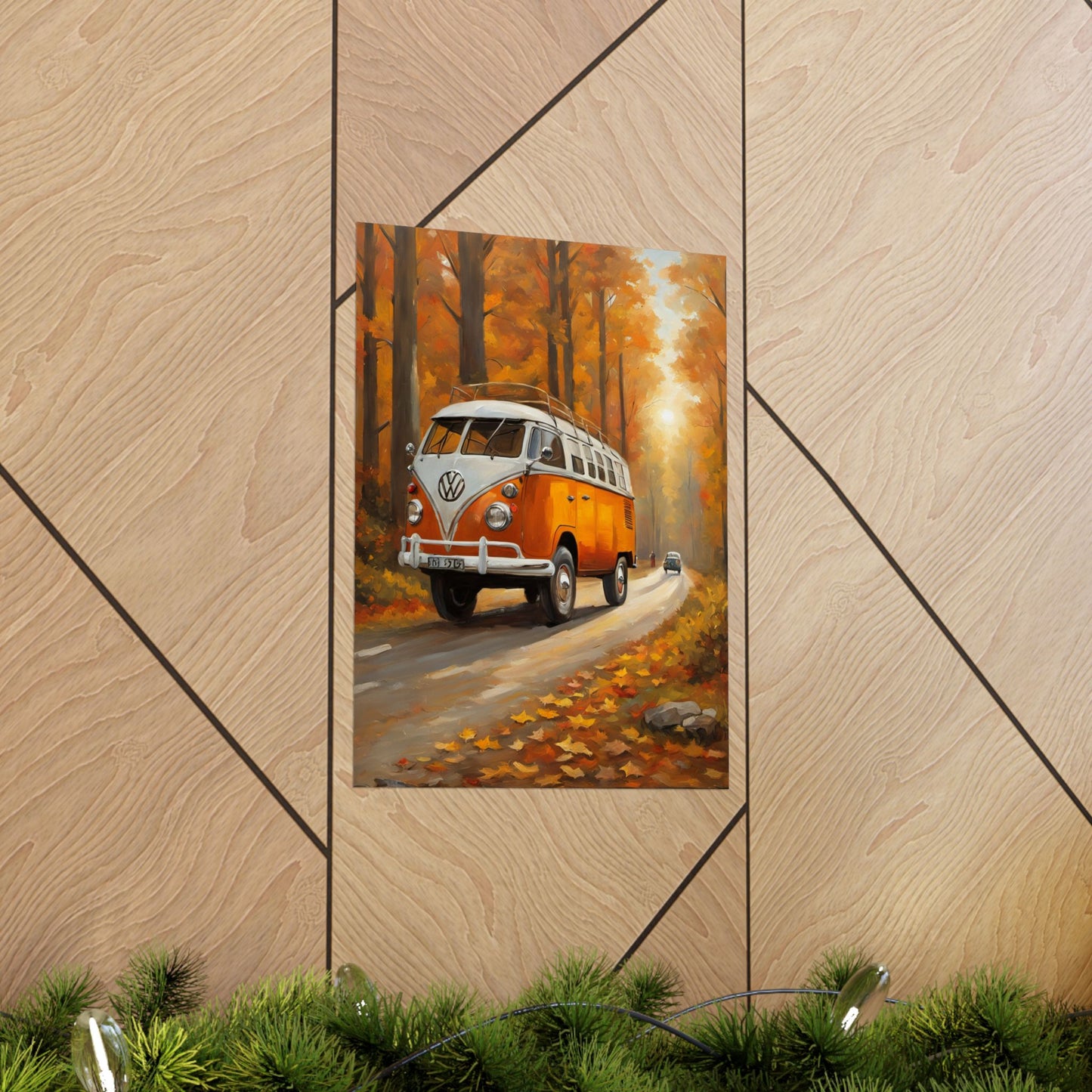 Fall Adventure Matte Vertical Posters featuring a vintage orange Volkswagen bus in an autumn forest