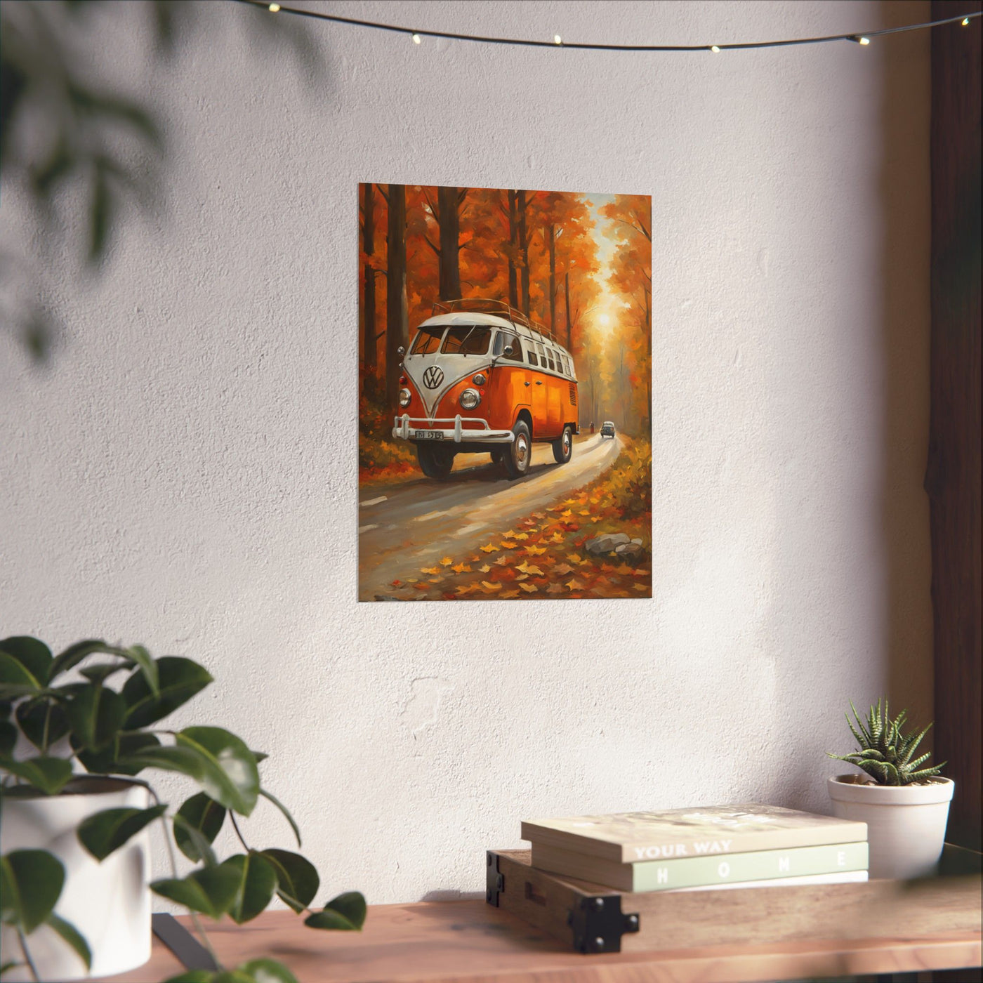 Fall Adventure Matte Vertical Posters featuring a classic orange VW bus driving through an autumn forest