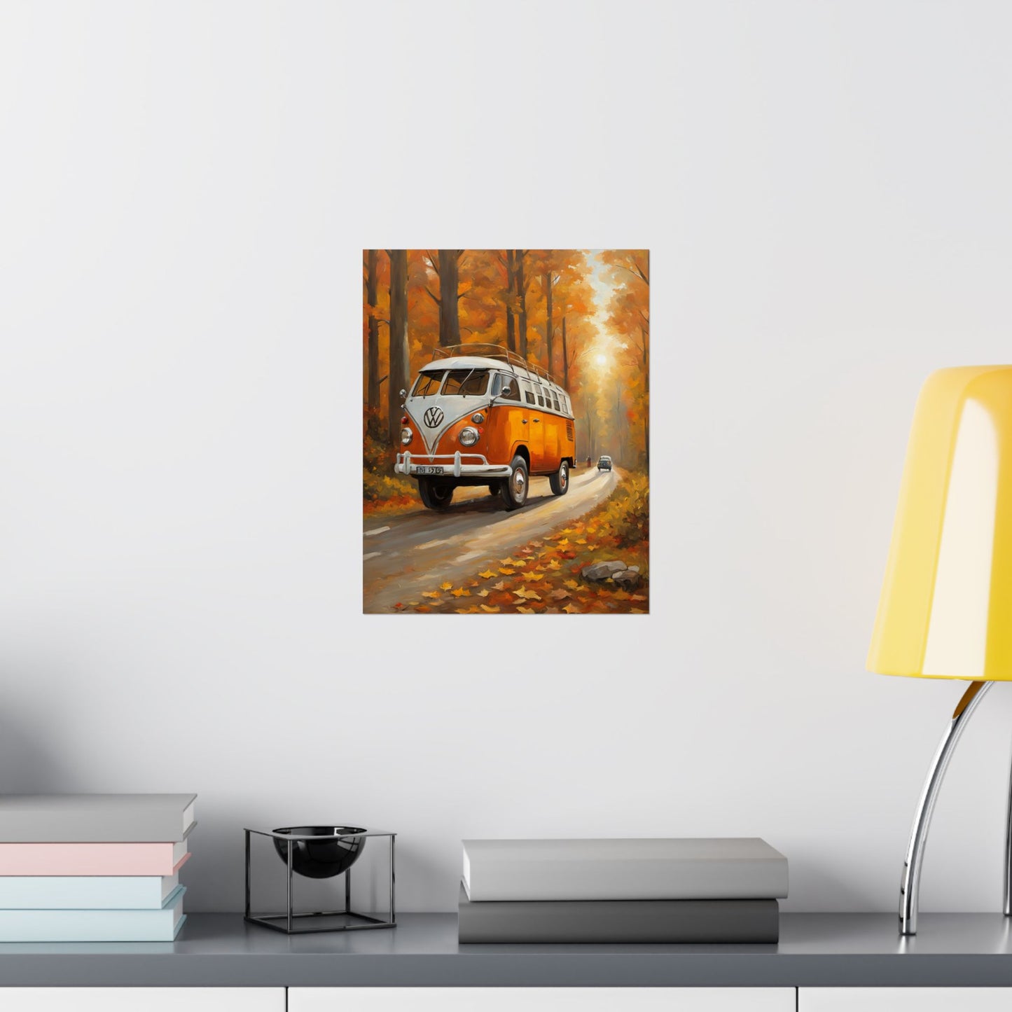 Fall Adventure Matte Vertical Posters featuring a vintage van driving through an autumn landscape
