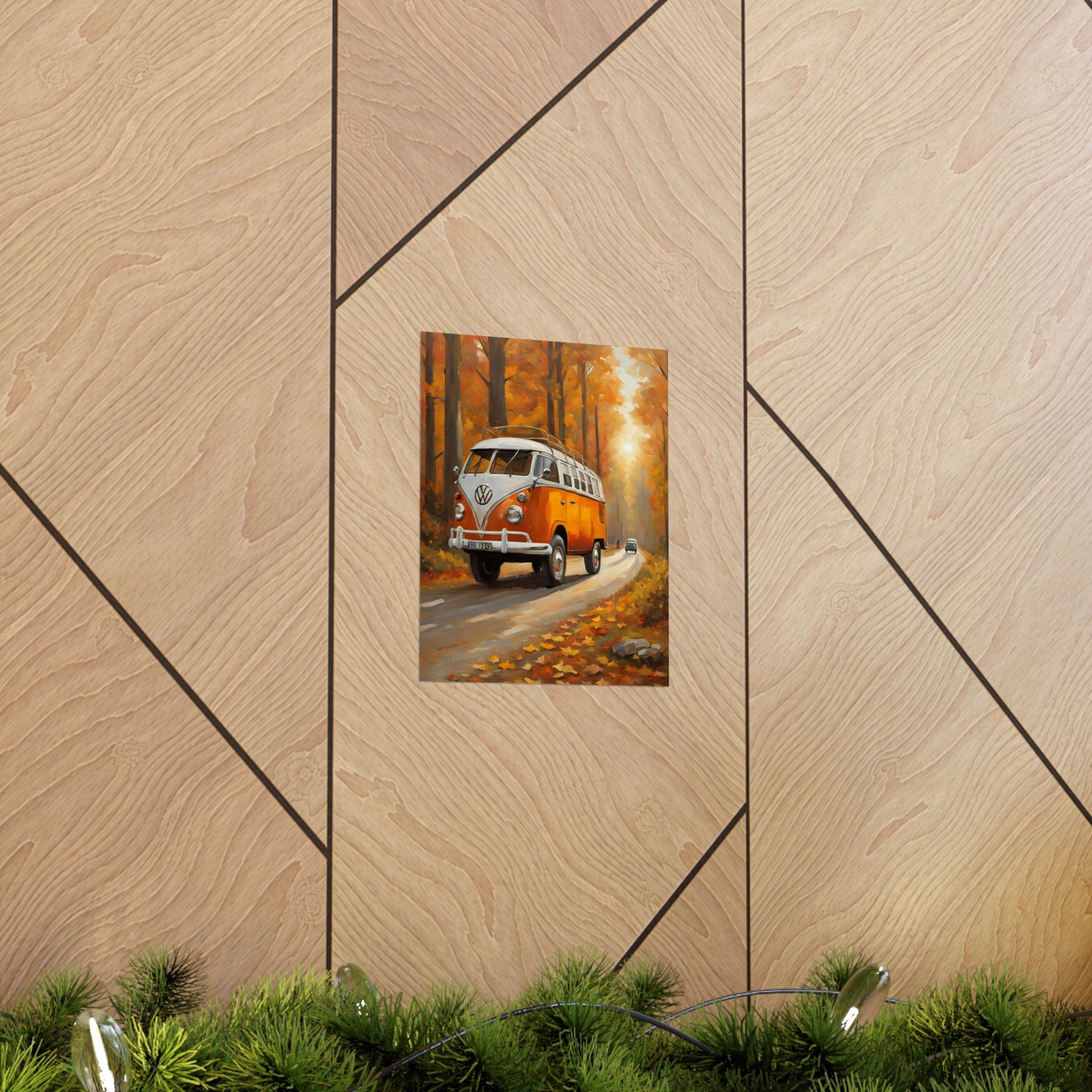 Fall Adventure Matte Vertical Posters featuring a retro orange van on a scenic autumn road