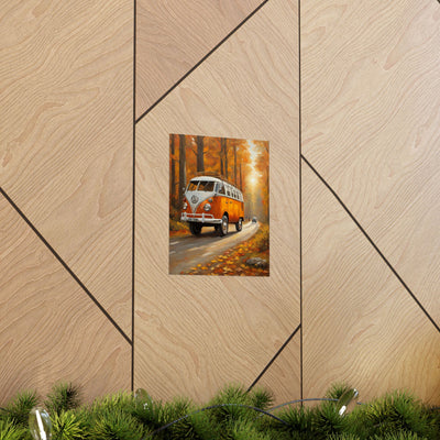 Fall Adventure Matte Vertical Posters featuring a retro orange van on a scenic autumn road