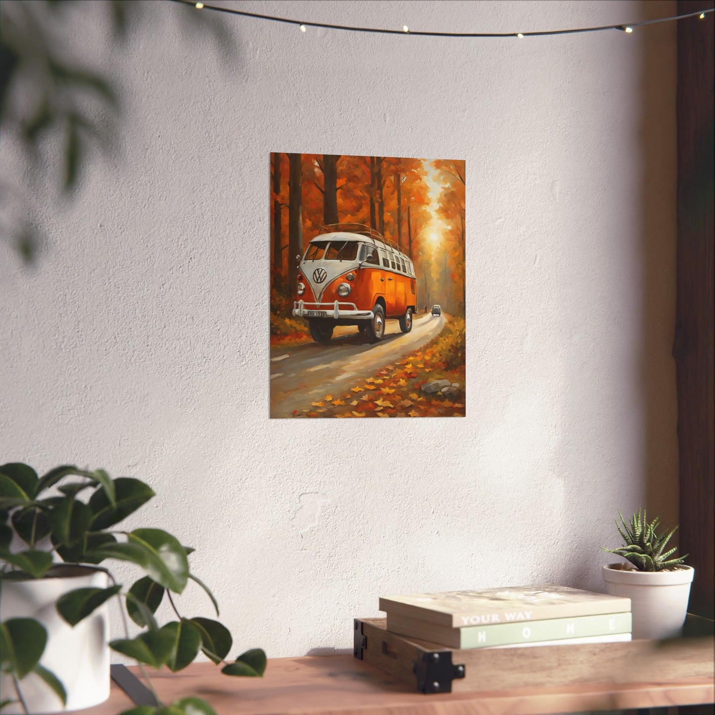 Fall Adventure Matte Vertical Posters featuring a vintage orange VW bus on an autumn road