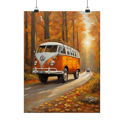 Fall Adventure Matte Vertical Posters featuring a vintage Volkswagen van in an autumn forest scene