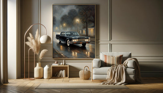 AquilVision digital foggy night wall decor showing a vintage car on a rainy street with streetlights in a cozy living room