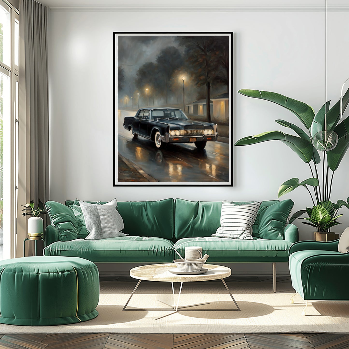 Foggy night wall decor featuring a vintage car on a wet street with streetlights in a modern living room