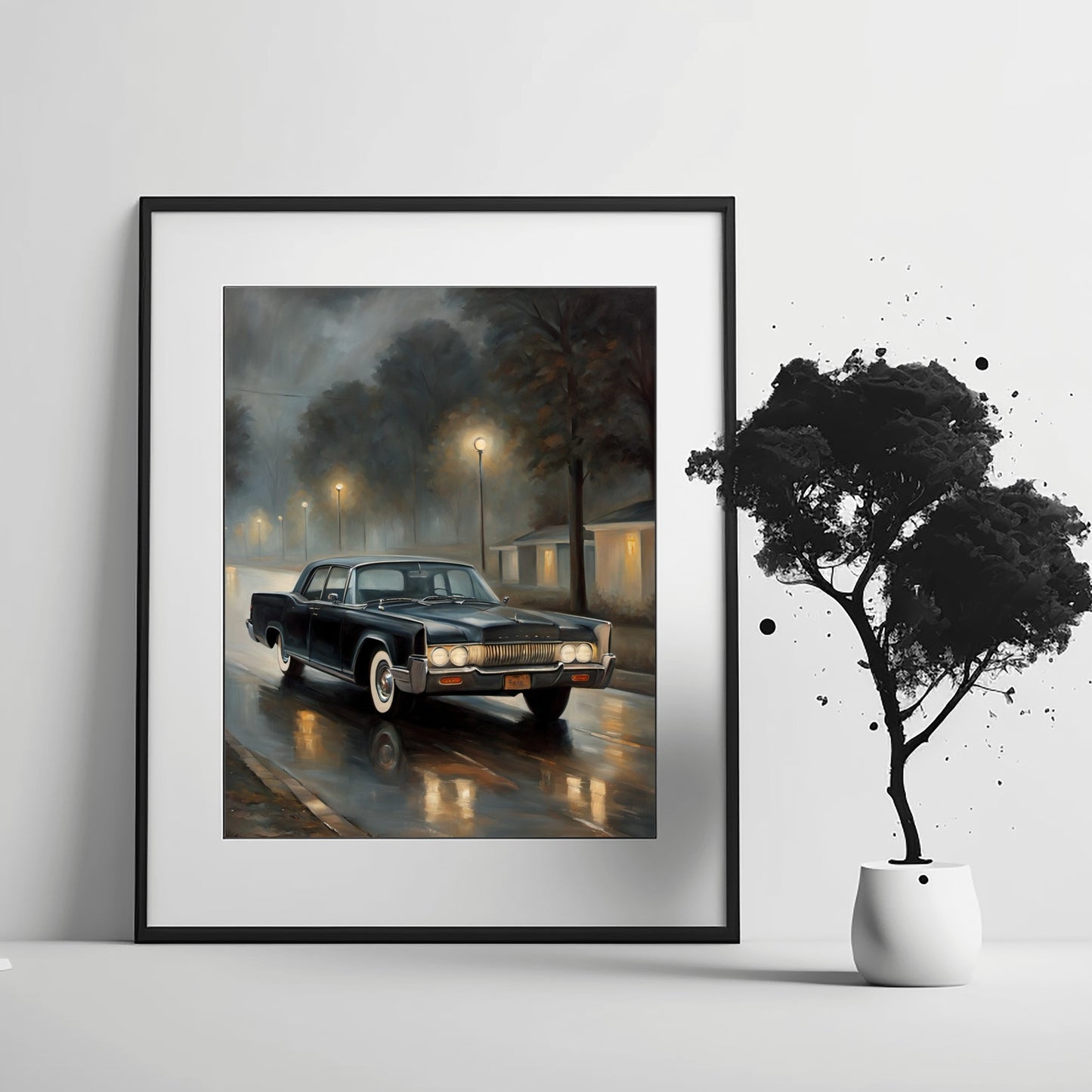 AquilVision digital foggy night wall decor featuring a classic black car on a rainy street with glowing street lamps