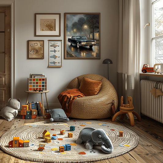 Cozy kids room with foggy night wall decor featuring a vintage car and street lamps by AquilVision