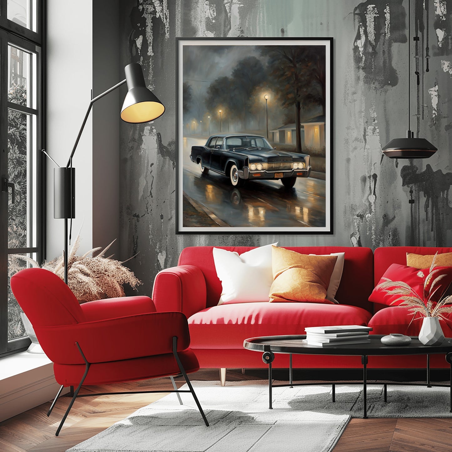 AquilVision digital foggy night wall decor featuring a vintage car on a rainy street in a modern living room