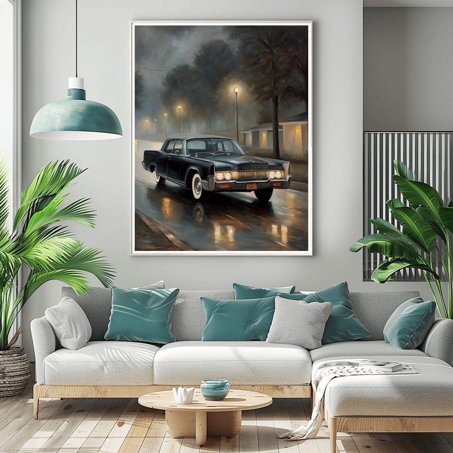 AquilVision foggy night wall decor featuring a vintage car on a wet street with streetlights glowing in the mist