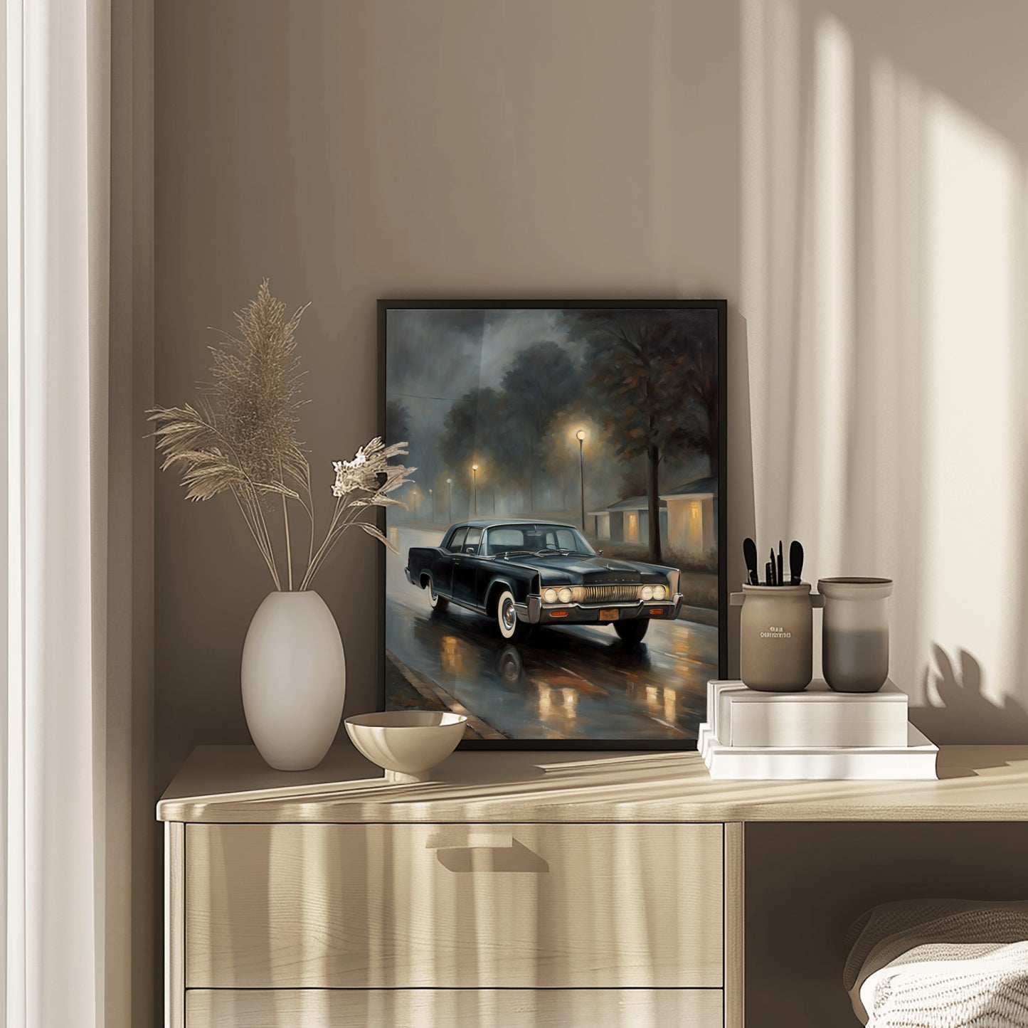AquilVision digital foggy night wall decor featuring a vintage car on a rainy street displayed on a wooden dresser