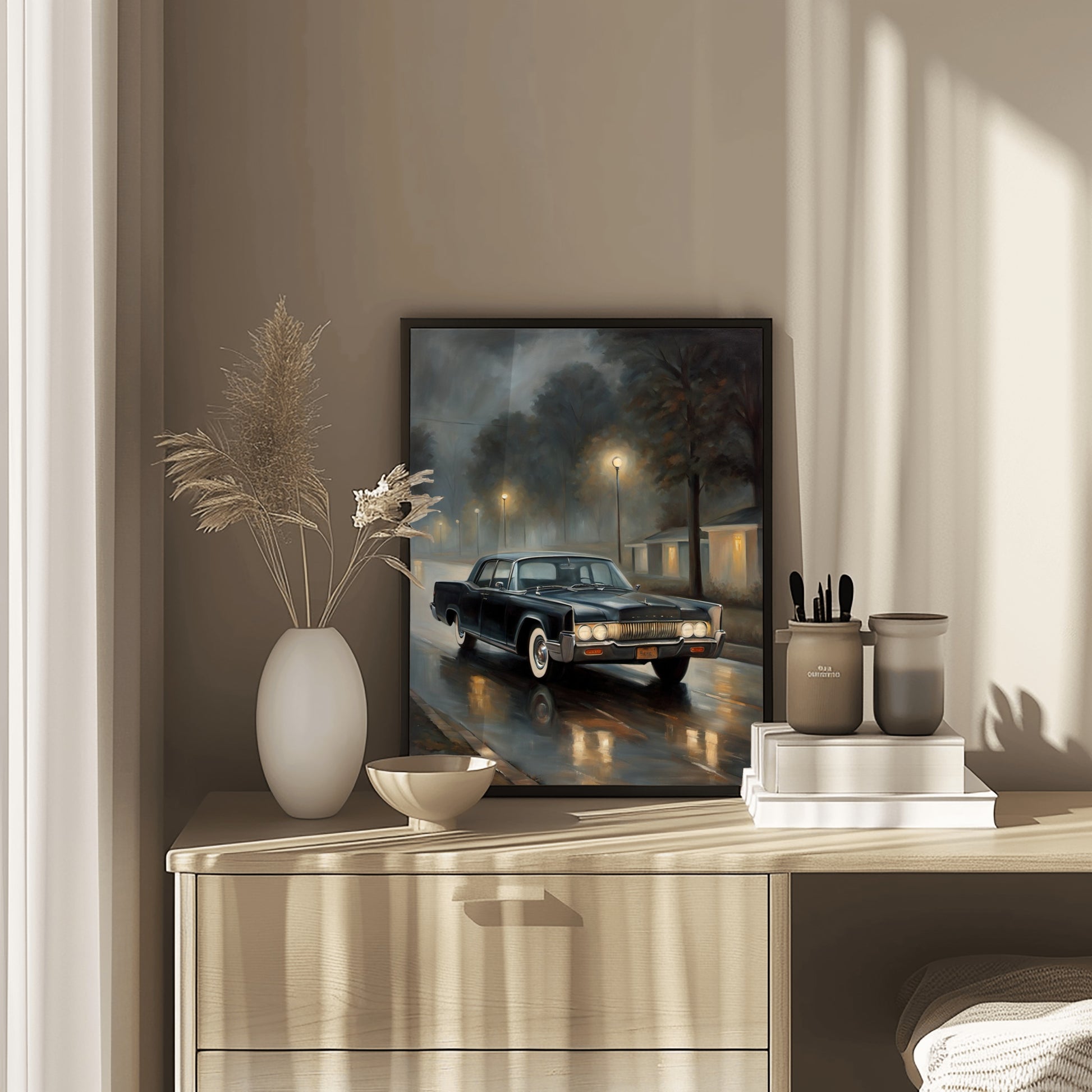 AquilVision digital foggy night wall decor featuring a vintage car on a rainy street displayed on a wooden dresser