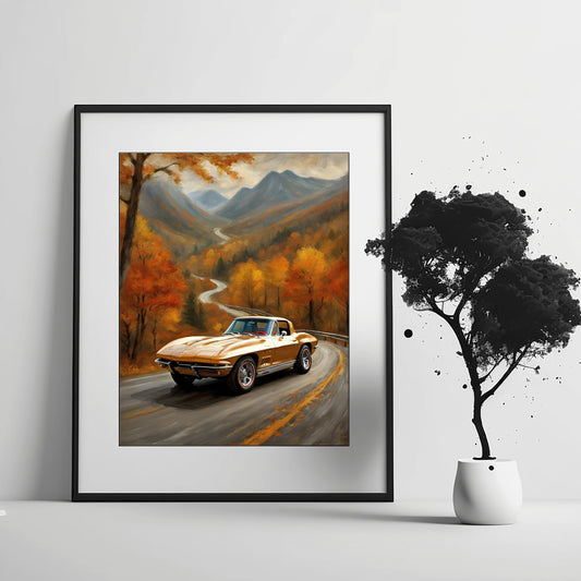 AquilVision framed digital print showing a classic yellow car on a winding autumn mountain road vintage car decor autumn painting