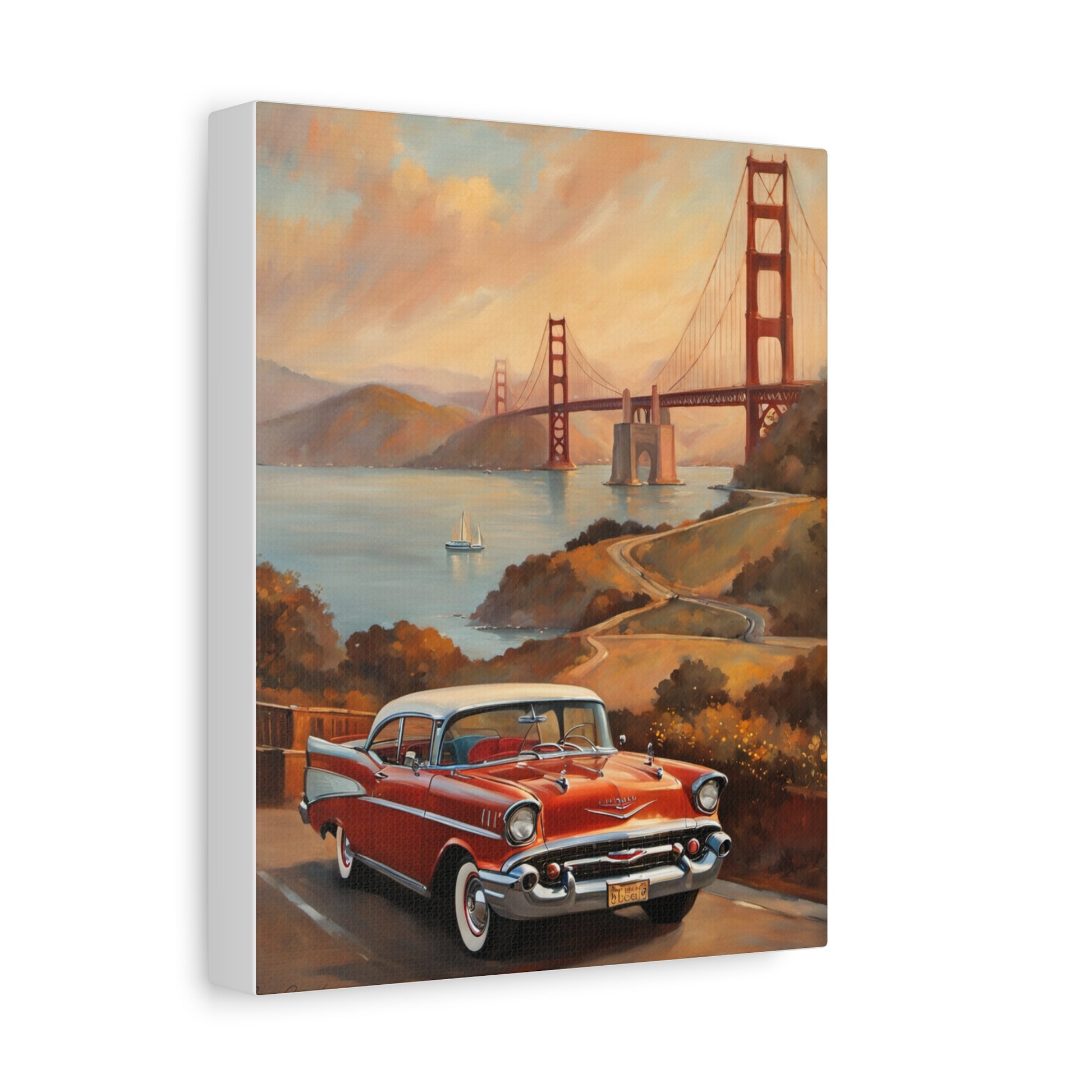 Vintage red car canvas print featuring the Golden Gate Bridge, perfect as a gift for car lovers.