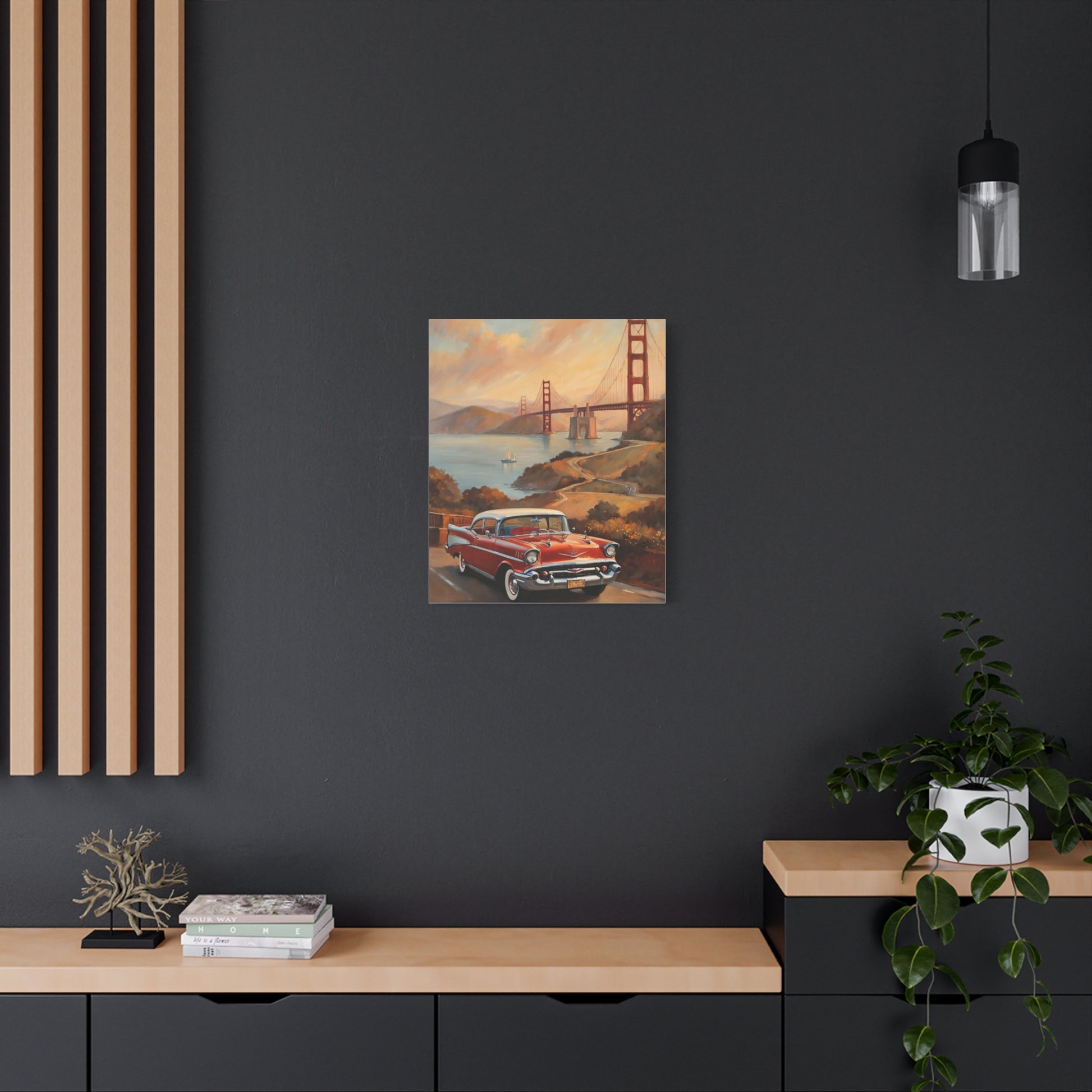 Canvas wall art featuring a vintage car by the Golden Gate Bridge, perfect as a gift for car lovers